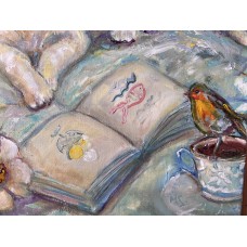 Tea, Cat and Roses - original 40 × 40 cm oil painting Tea, Cat and Roses - original 40 × 40 cm oil painting